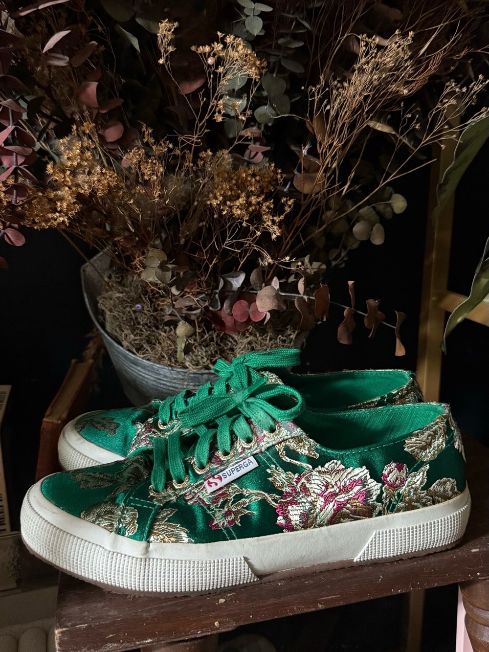 Superga Emerald Green Satin Floral Low-Top Sneakers